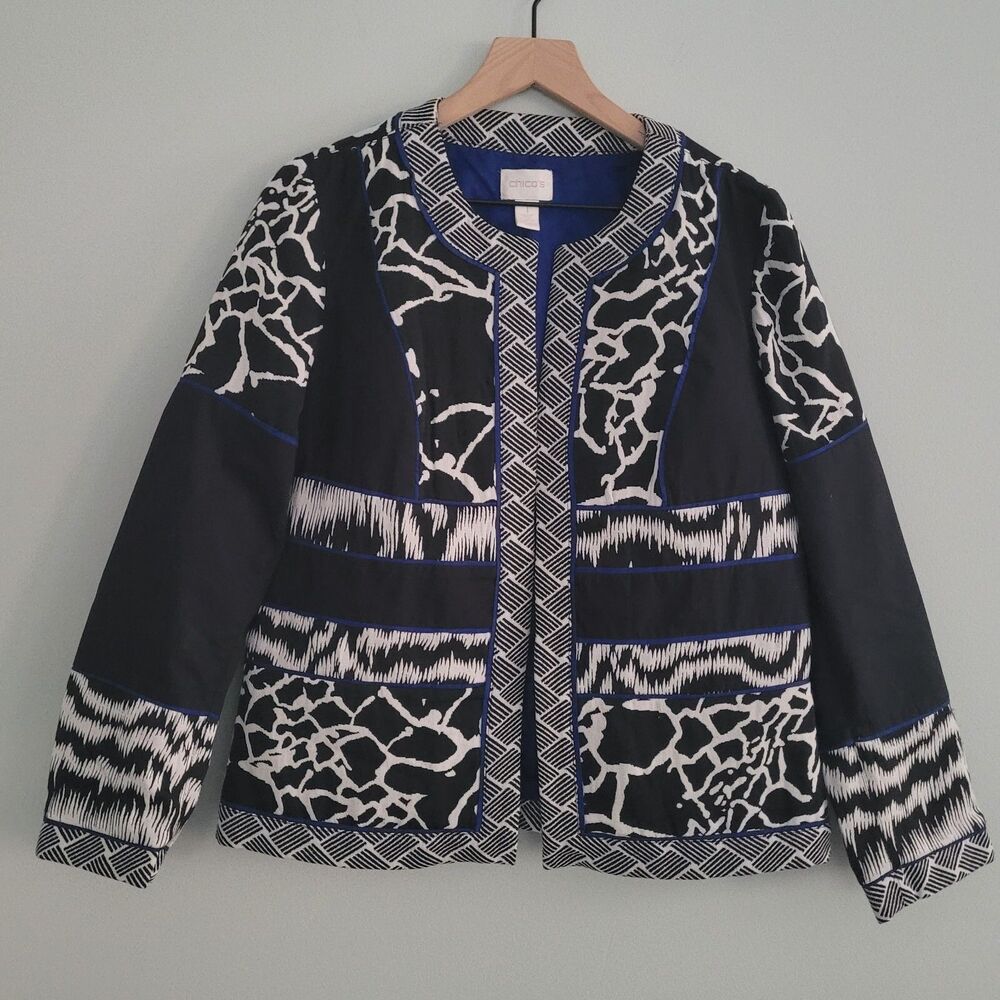 Chico's Blazer Black White Blue Jacket Womens Size Medium